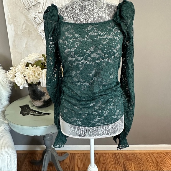 Anthropologie Long Sleeve Green 100% Lace Top Size Medium - Picture 4 of 16
